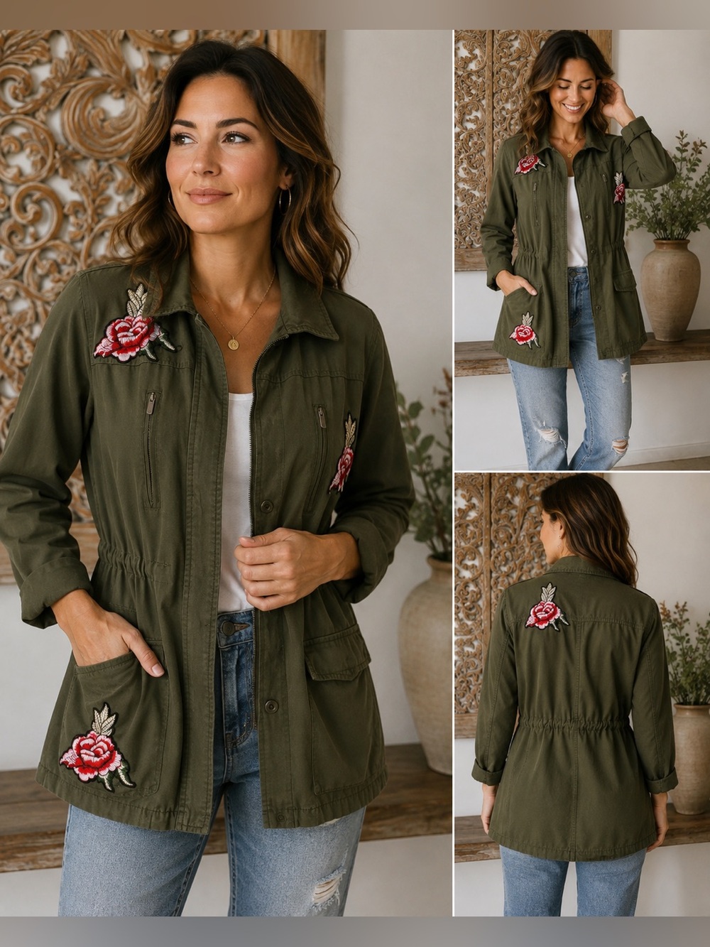 Charlotte Russe Olive Green Embroidered Rose Utility Jacket- size Small